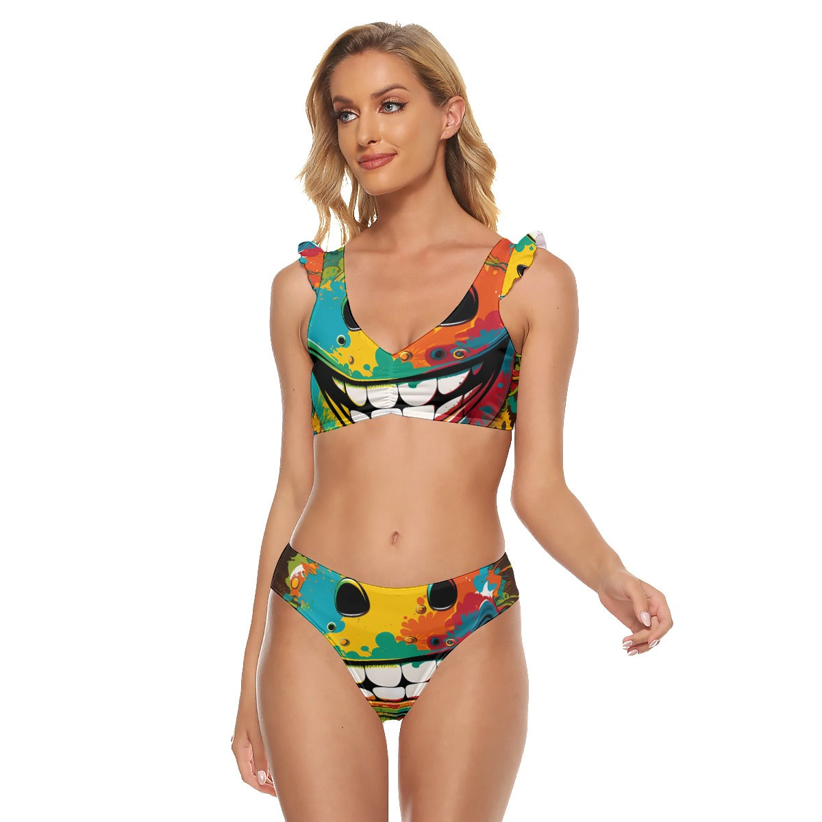 Why So Serious - All-Over Print Women's Bikini Swimsuit With Ruffle Cuff Bra
