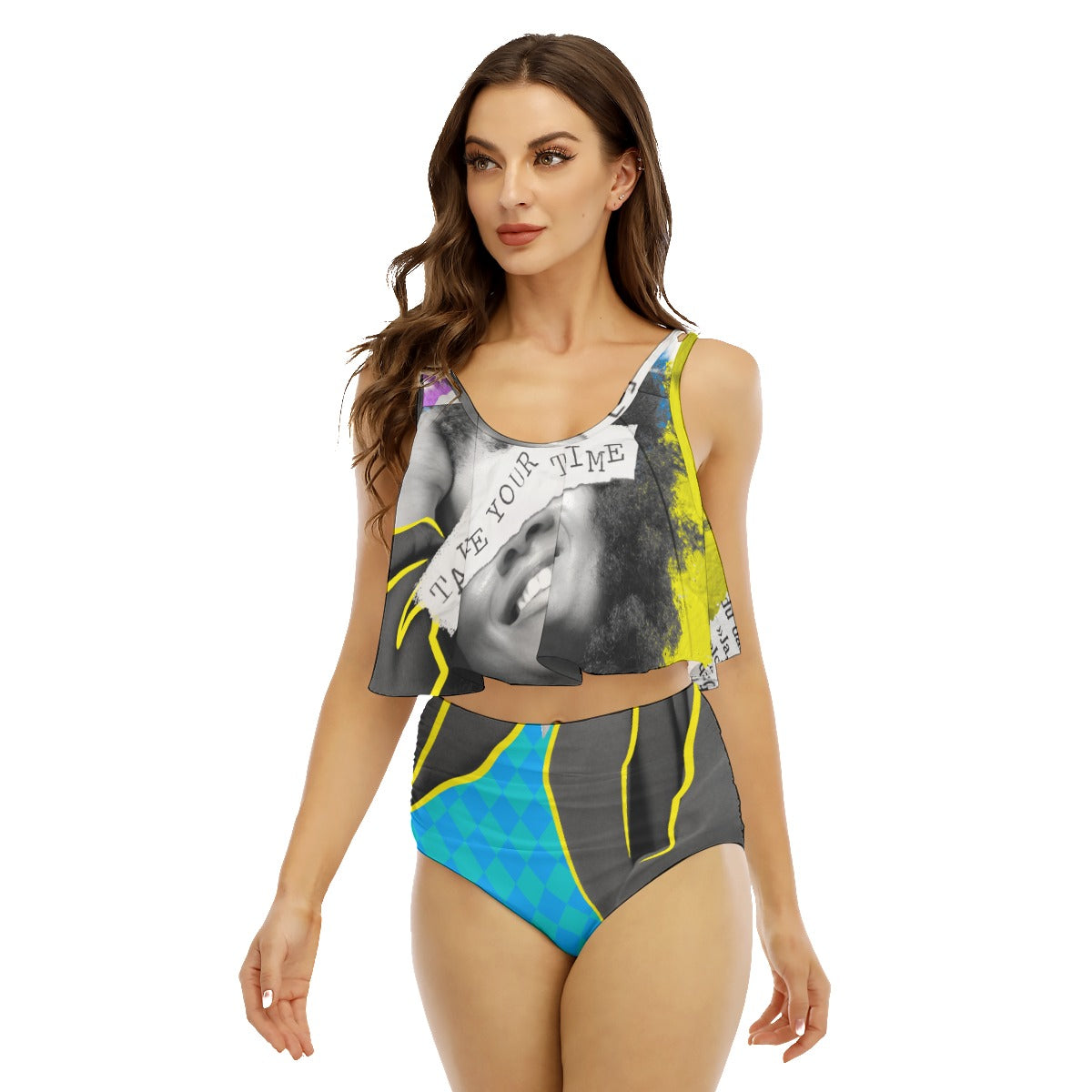 Allover Graphic Suspender Bikini Swimsuit
