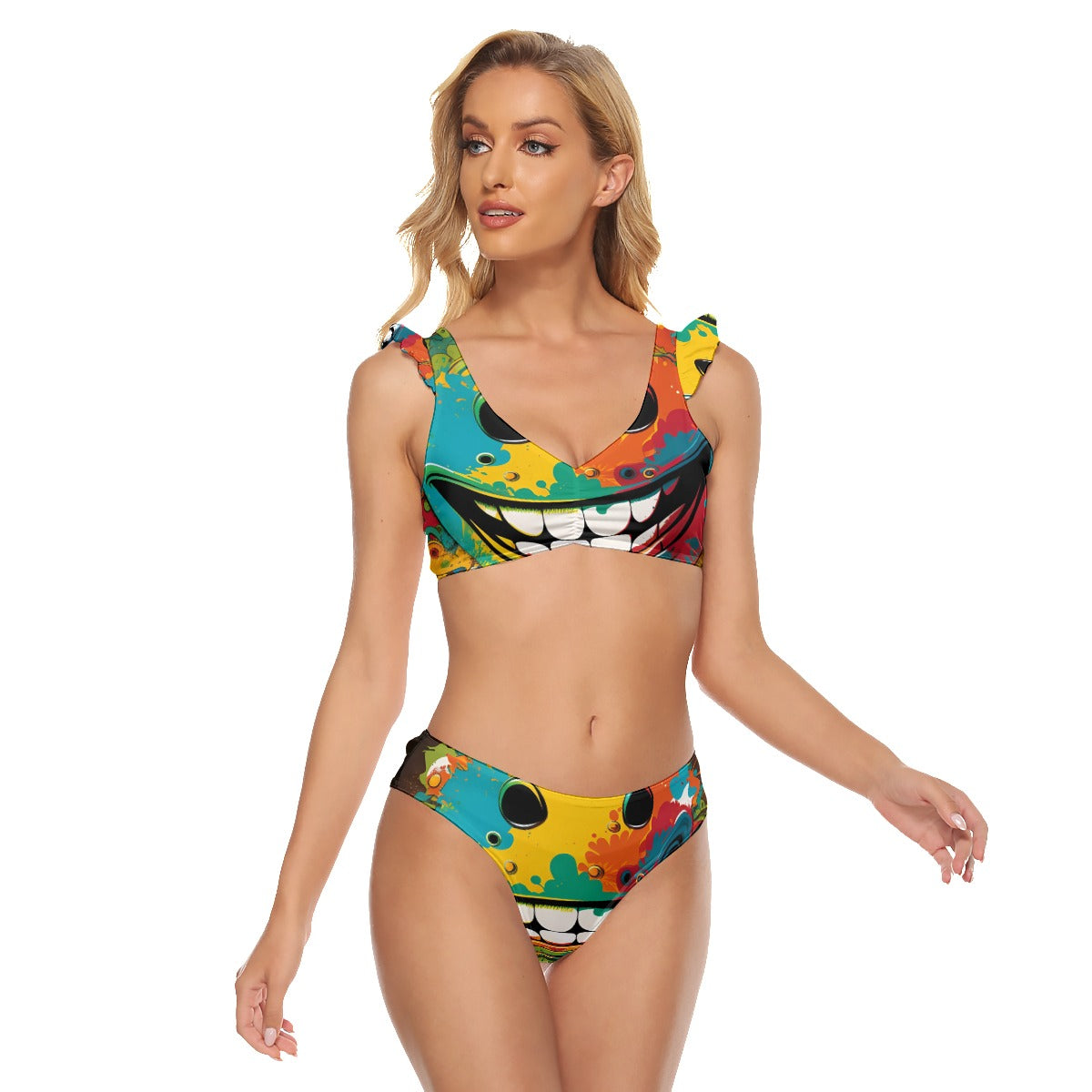 Why So Serious - All-Over Print Women's Bikini Swimsuit With Ruffle Cuff Bra