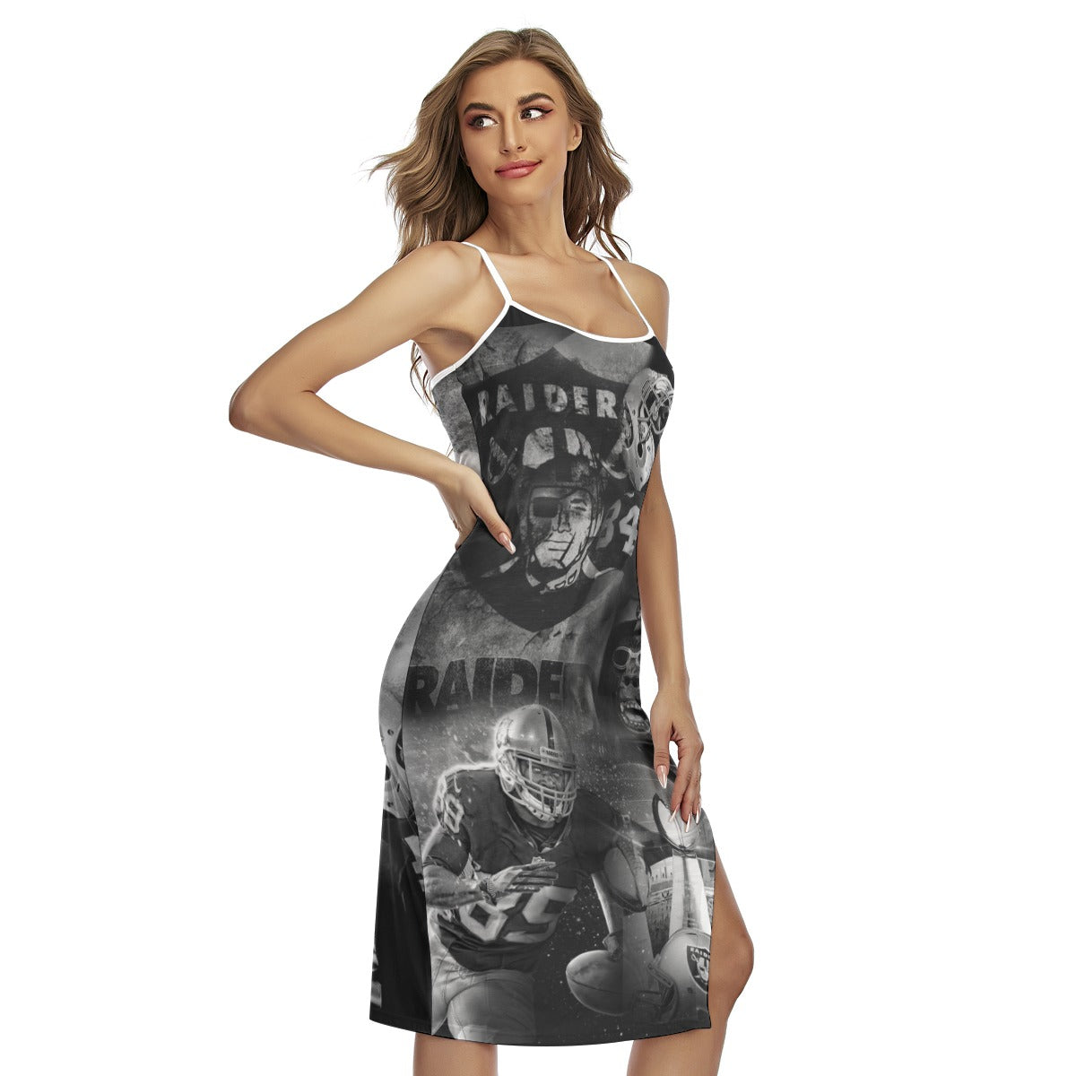 Las Vegas Raiders All-Over Print Women's Back Cross Cami Dress